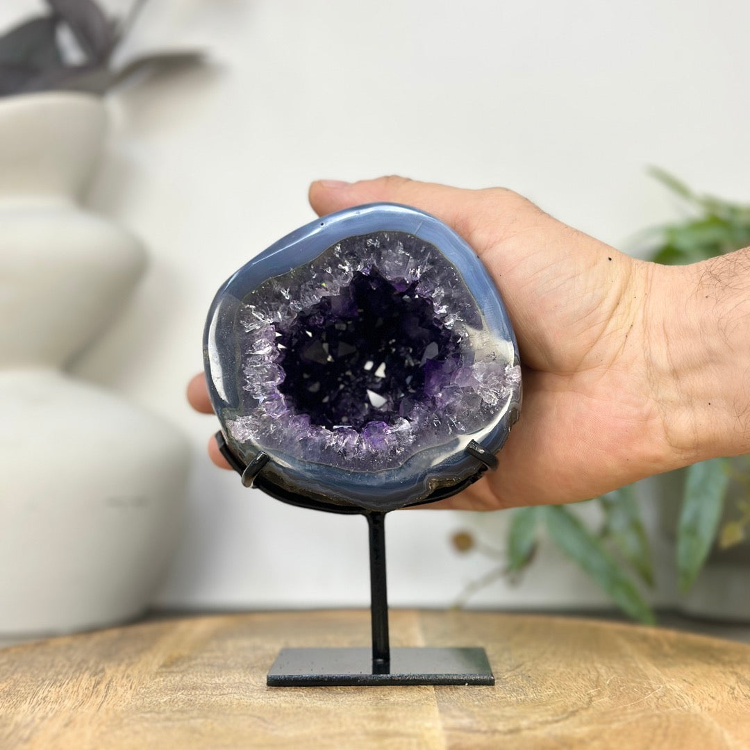 Uruguayan Amethyst Geode with Blue Banded Shell - Stand Included - MWS3260