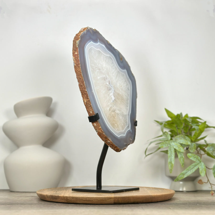 Blue Banded Agate &amp; Quartz Stone Slice on Metal Stand - MWS3036