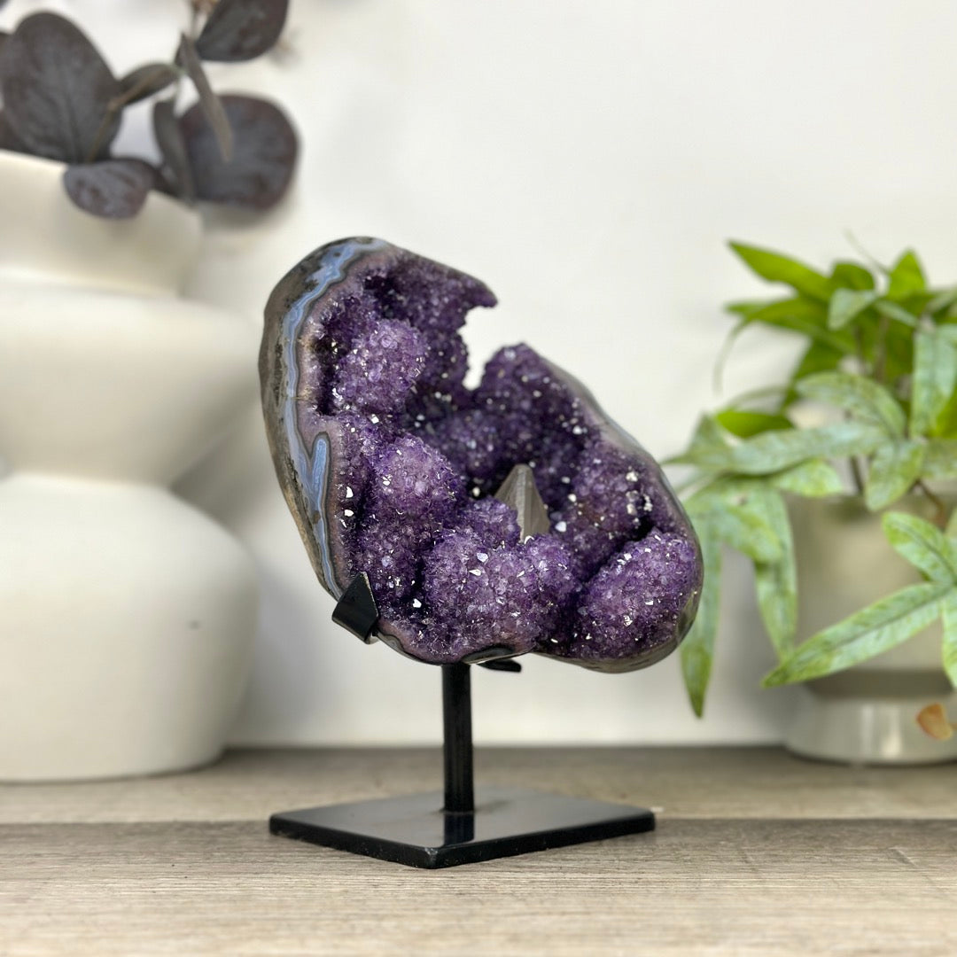 Natural Amethyst &amp; Calcite Formation with Stalactites and Blue Agate Shell - MWS3287