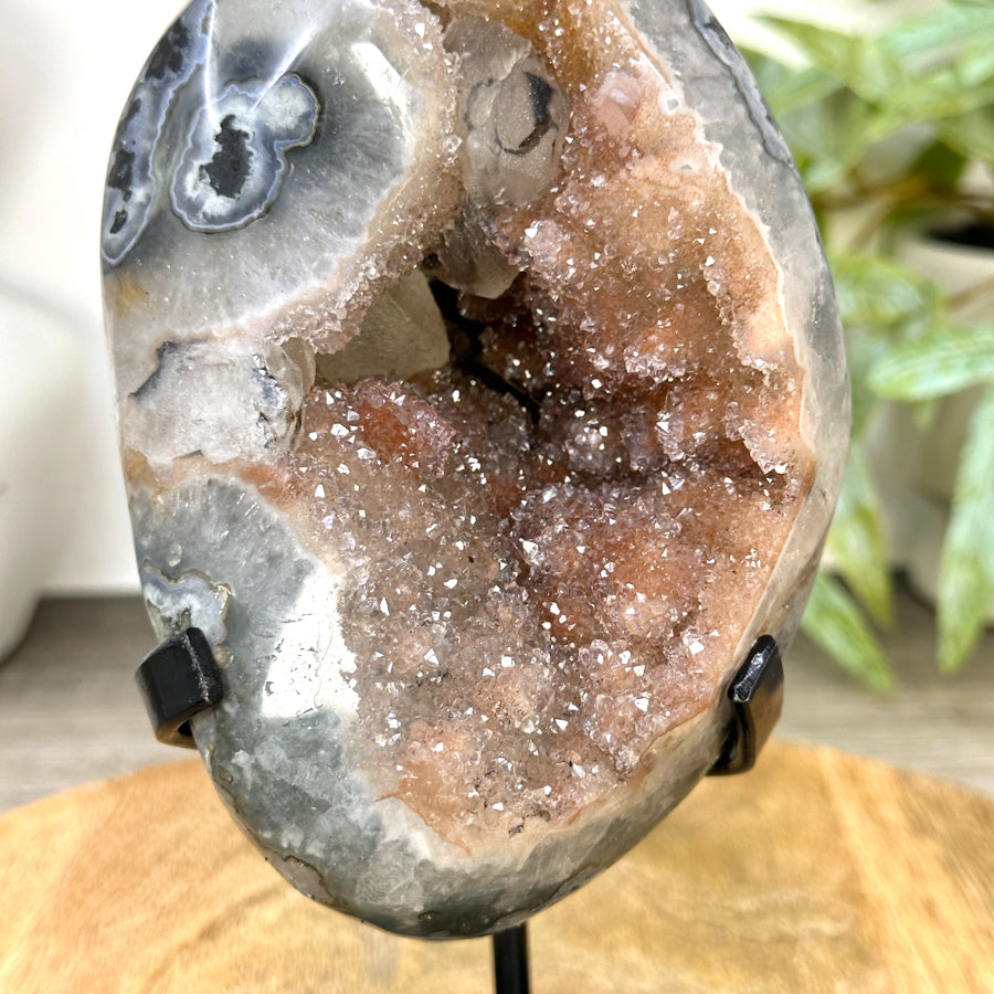 Natural Peach Tone Sugar Quartz Crystal Geode with Calcite Inclusion - MWS3254
