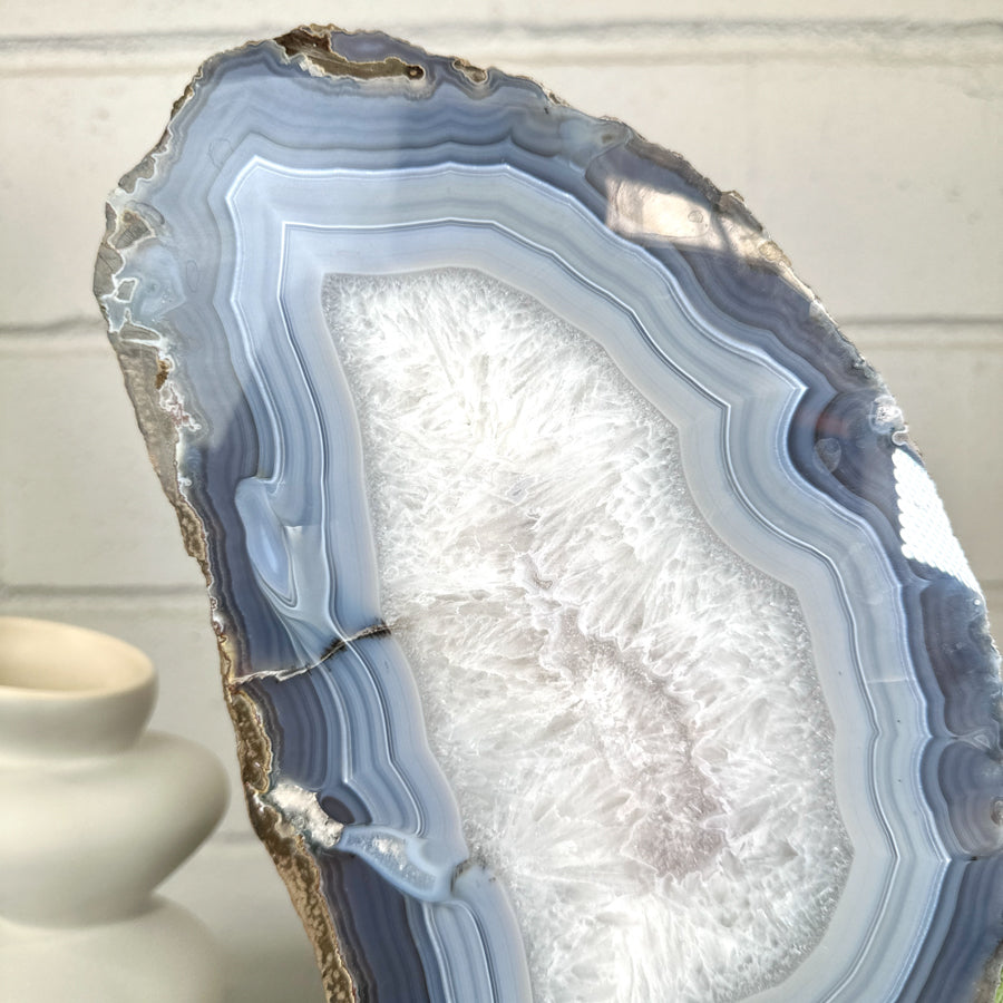 XXL Natural Blue Banded Agate &amp; Quartz Stone Slice on Stand - MWS3042