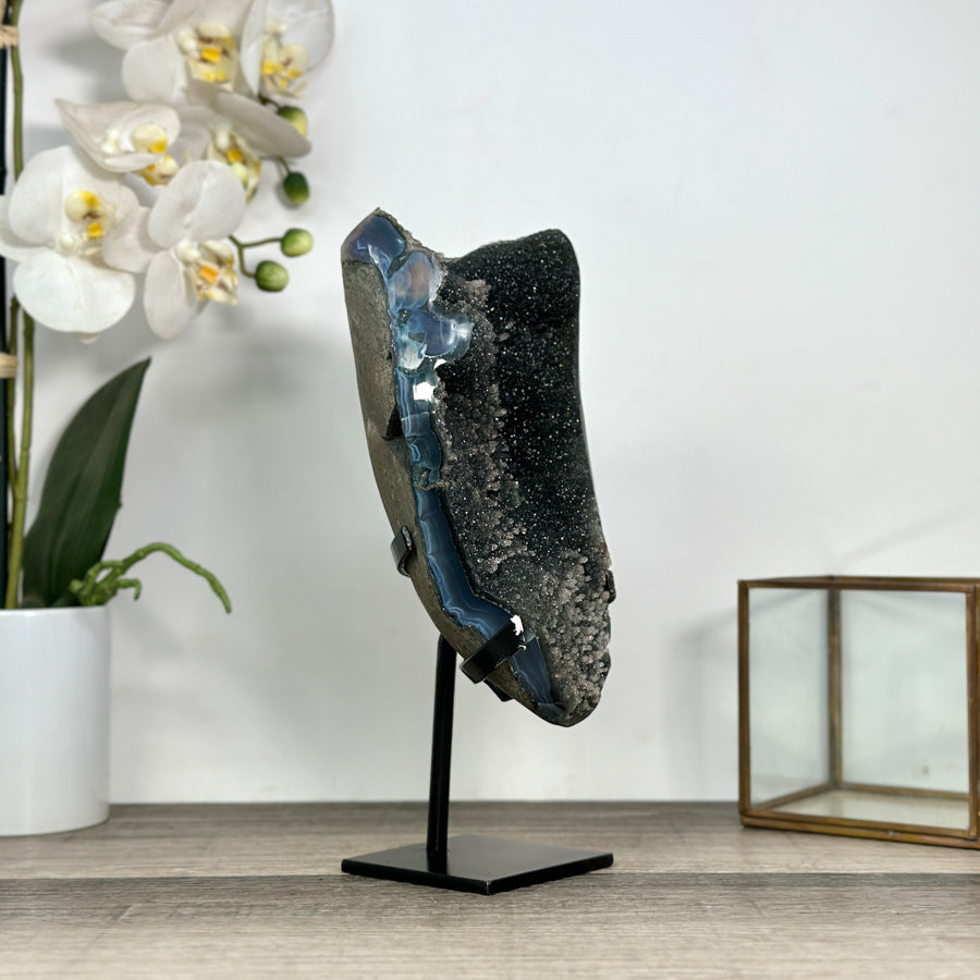 Unique Agate Geode with Dark Druzy Crystals – Natural Stone Display Piece