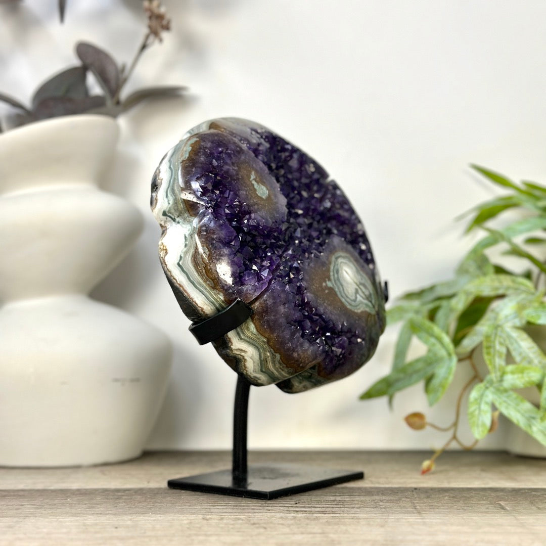Large Lucky Amethyst &amp; Green Jasper Clover on Metal Stand - MWS3277