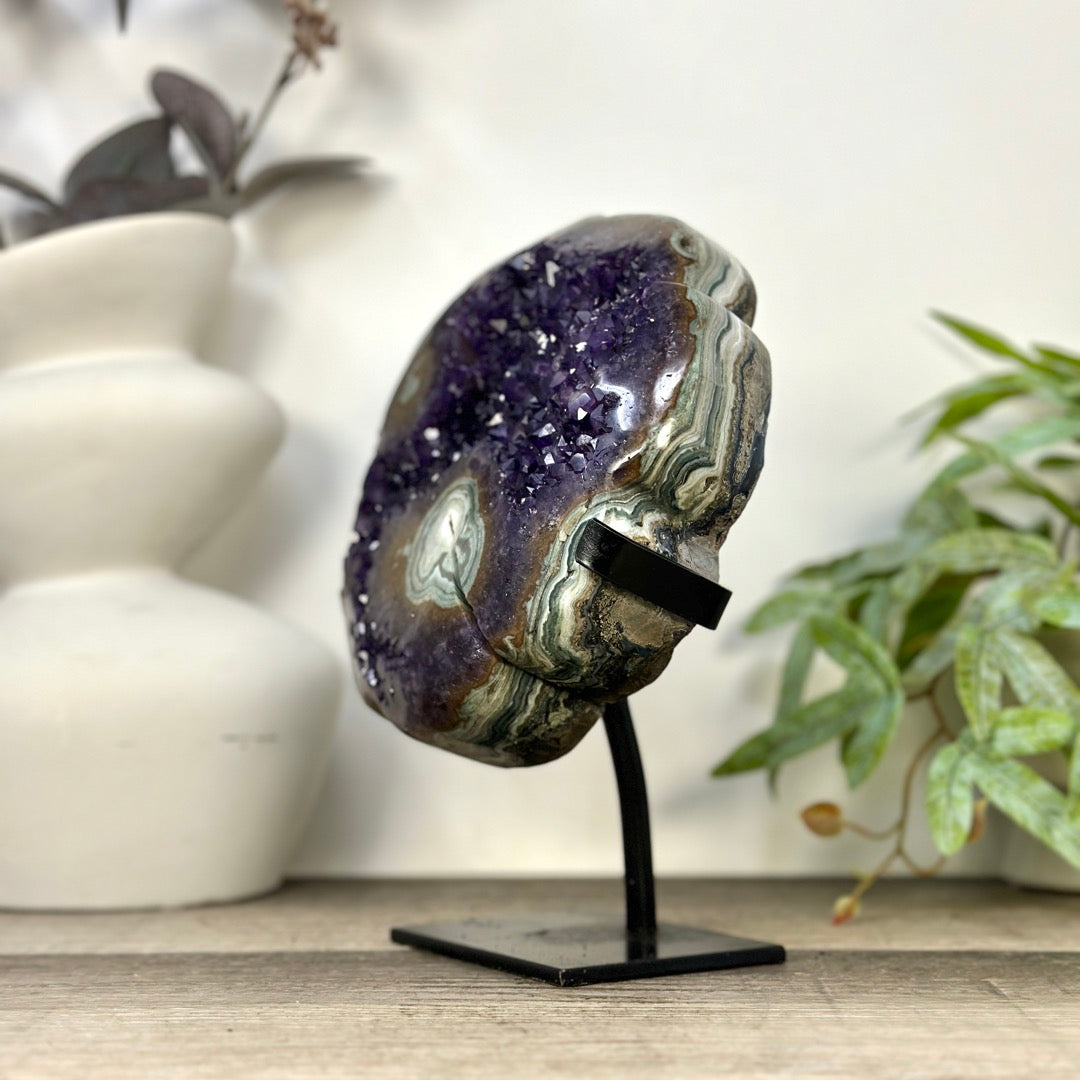Large Lucky Amethyst &amp; Green Jasper Clover on Metal Stand - MWS3277