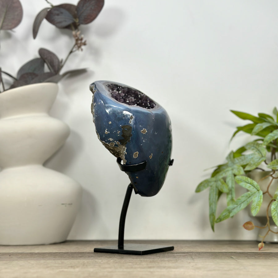 Polished Blue Agate &amp; Amethyst Geode on Stand - MWS3186