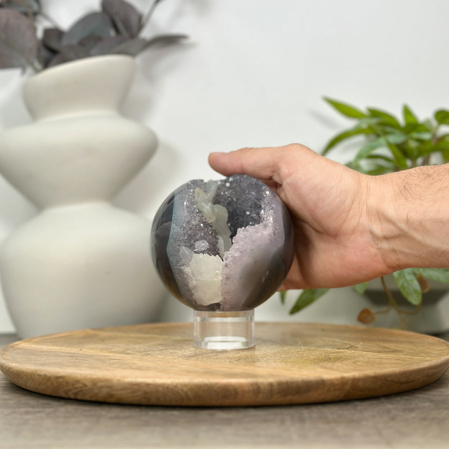 Quartz &amp; Agate Sphere Geode with Calcite Crystal Formation - SPH0149