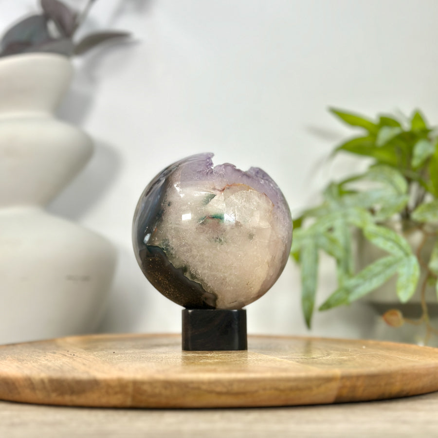Amethyst &amp; Agate Sphere Geode with Crystal Formation - SPH0215