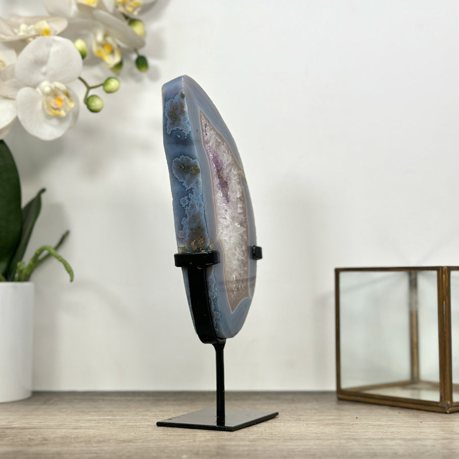 Blue Banded Agate Stone Slice on Metal Stand - MWS3002