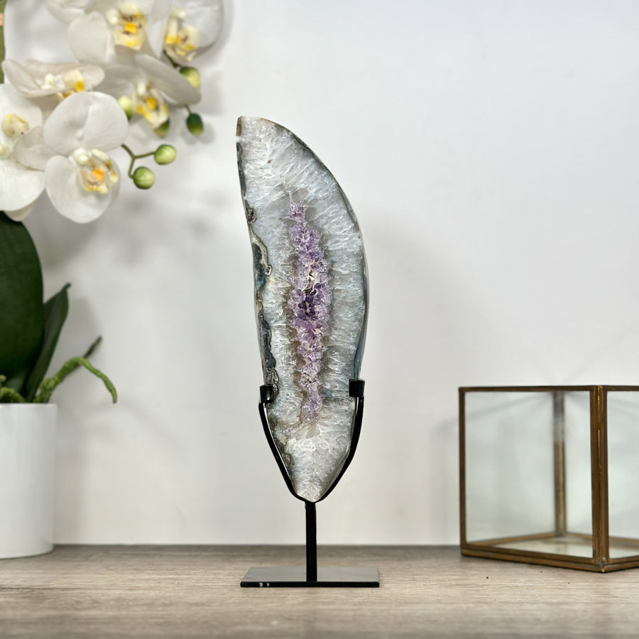 Natural Quartz &amp; Amethyst Stone Geode Slice on Stand - MWS3004