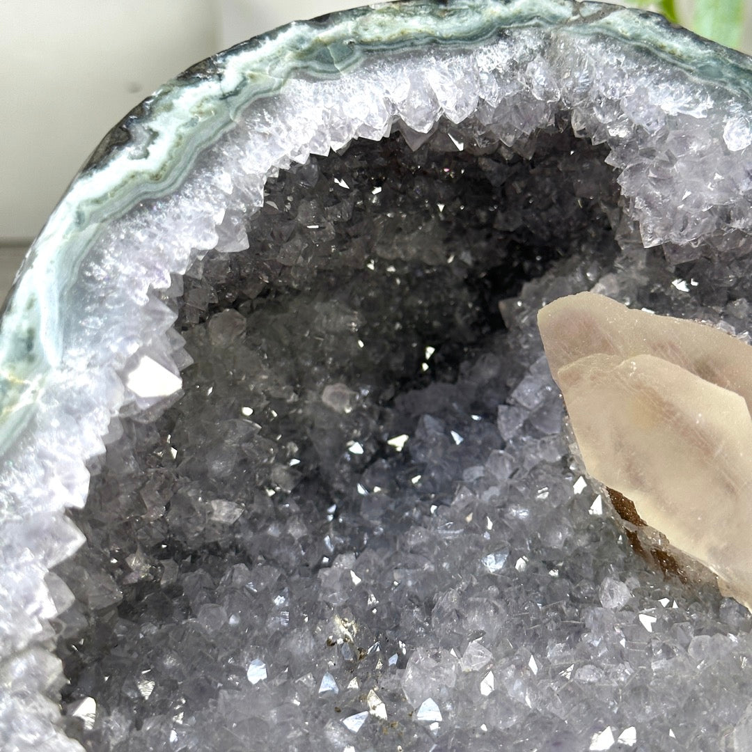 Natural Quartz &amp; Green Jasper Stone Geode with Calcite Formation - STGE0031