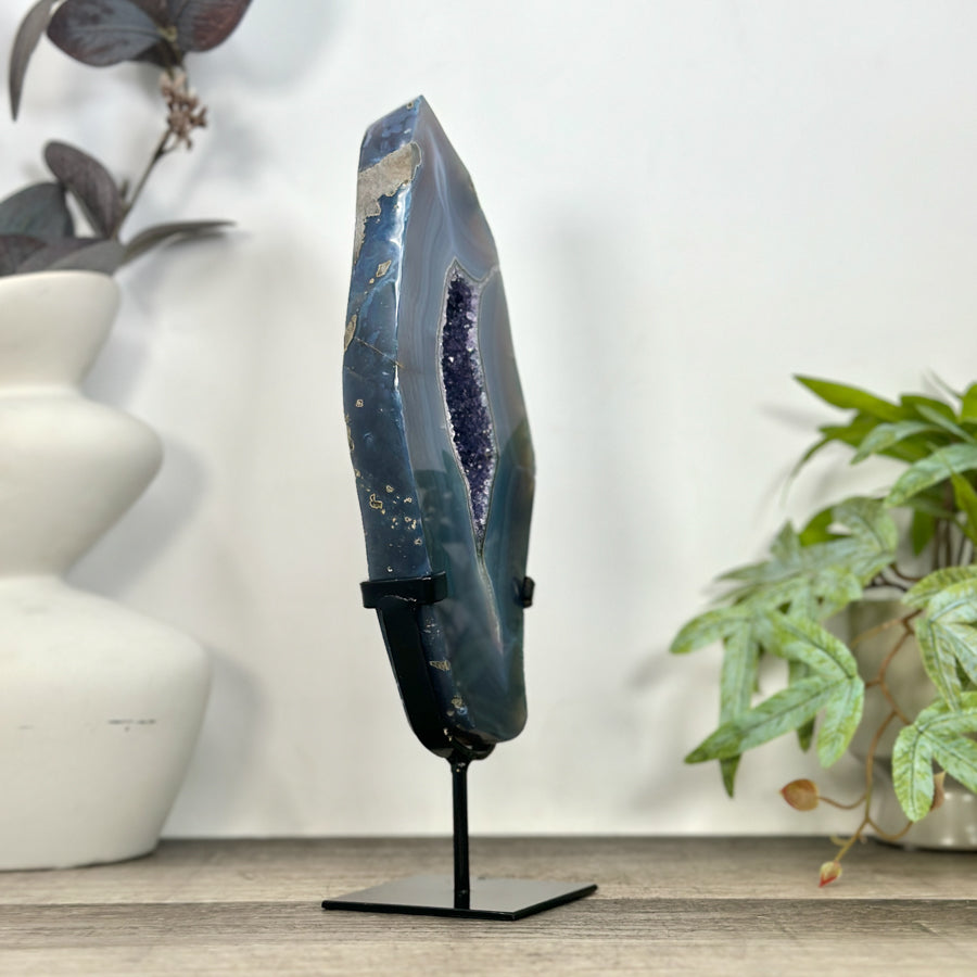 Blue Banded Agate &amp; Amethyst Geode Slice Portal - MWS3247