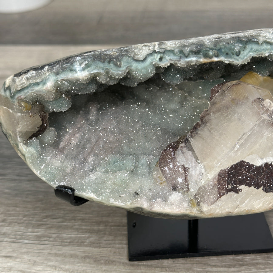 Green Quartz Geode with Calcite Crystal on Metal Stand - MWS2722