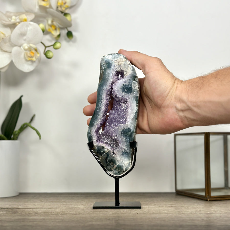 Natural Agate &amp; Amethyst Stone Slice Portal on Stand - MWS3009