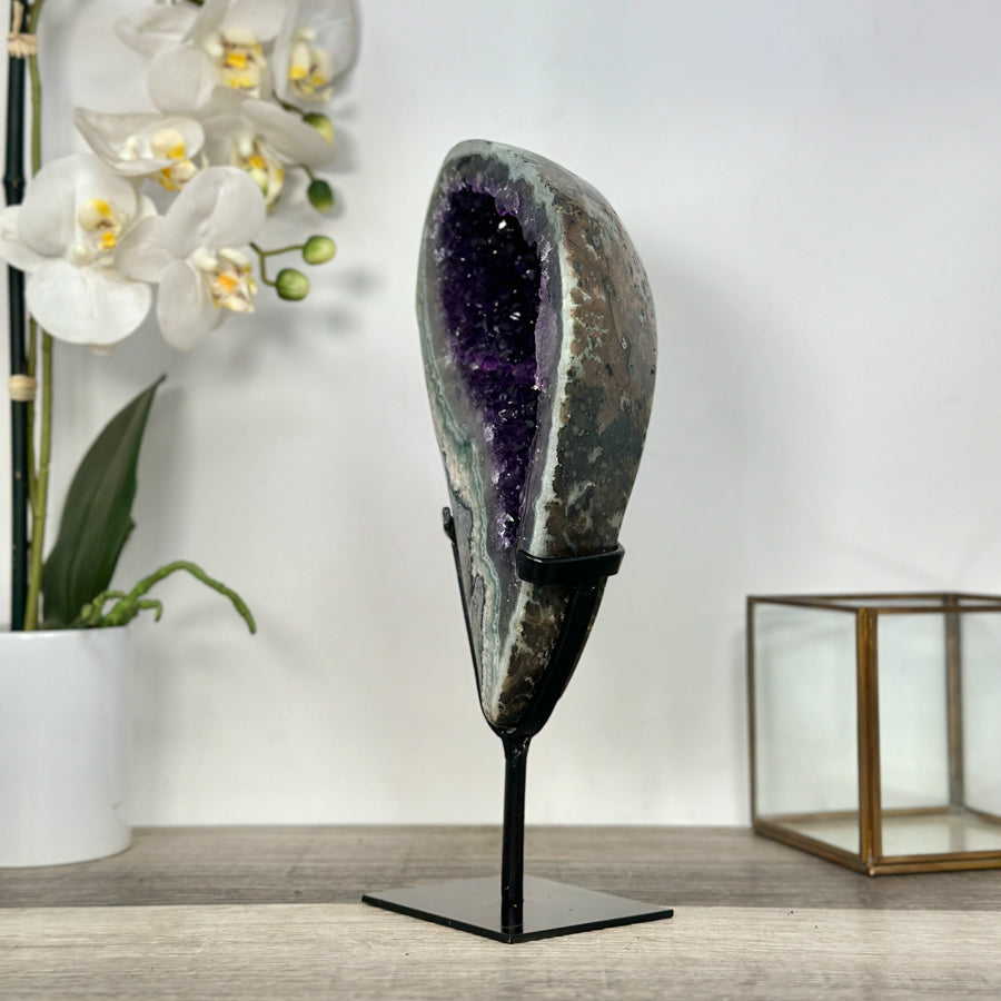 Deep Purple Amethyst Geode on Metal Stand – Stunning Crystal Formation for Shelf Display - MWS2701