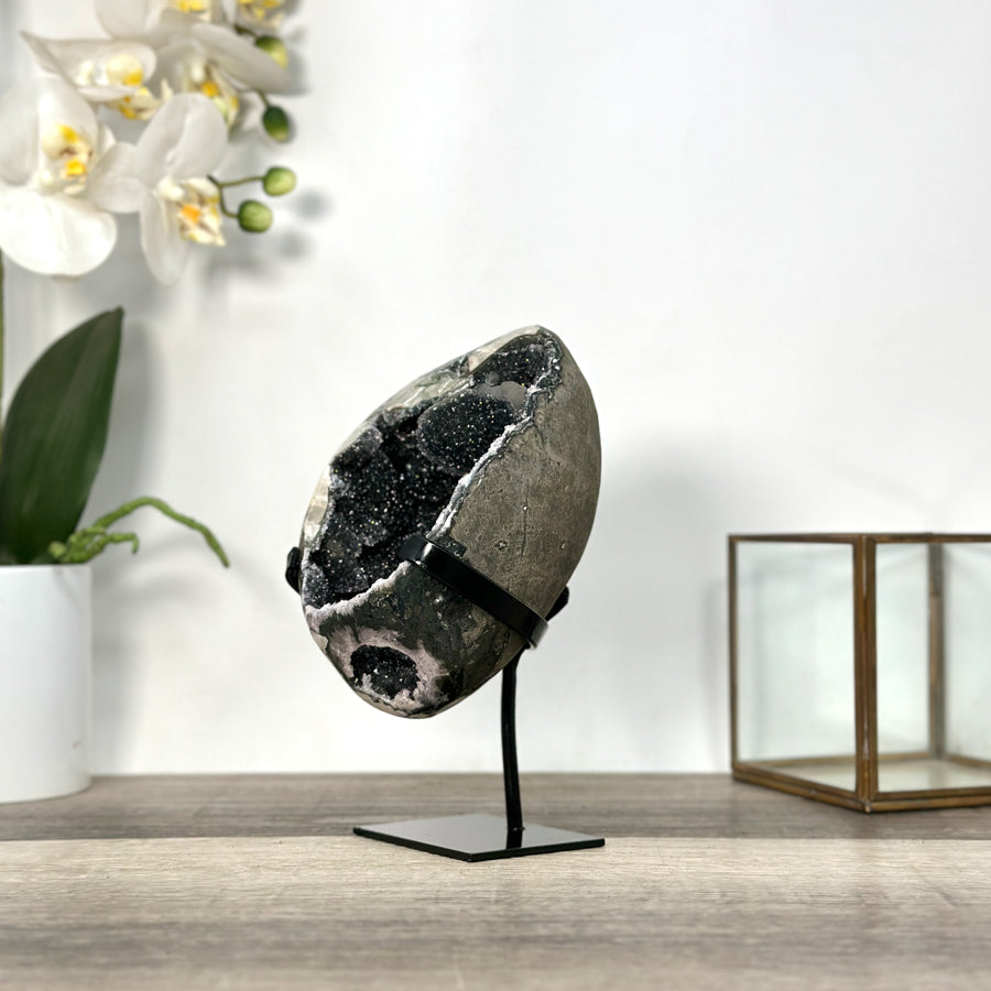 Black Quartz Druzy Geode on Metal Stand - MWS2725