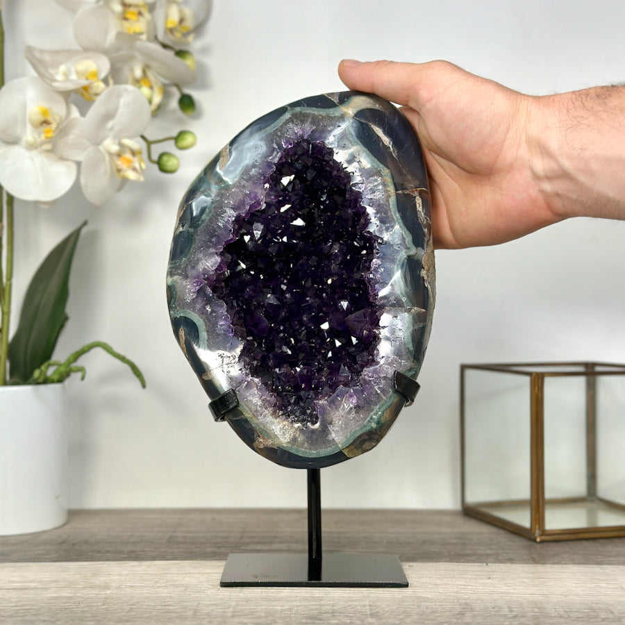 Deep Purple Amethyst Geode With Metal Stand – Elegant Crystal Display - MWS2700