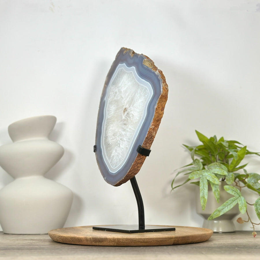 Polished Blue Banded Agate &amp; Quartz Stone Slice on Metal Stand - MWS3037