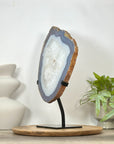 Polished Blue Banded Agate & Quartz Stone Slice on Metal Stand - MWS3037