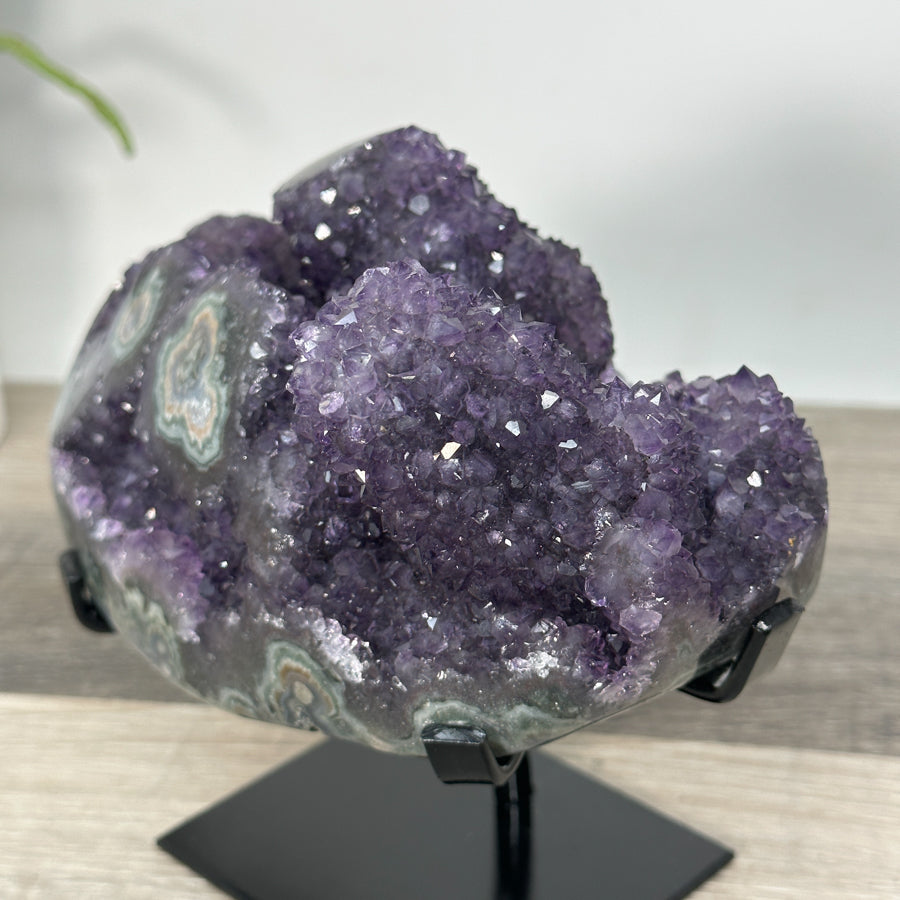 Deep Purple Amethyst Geode on Metal Stand With Green Jasper Shell - MWS2720