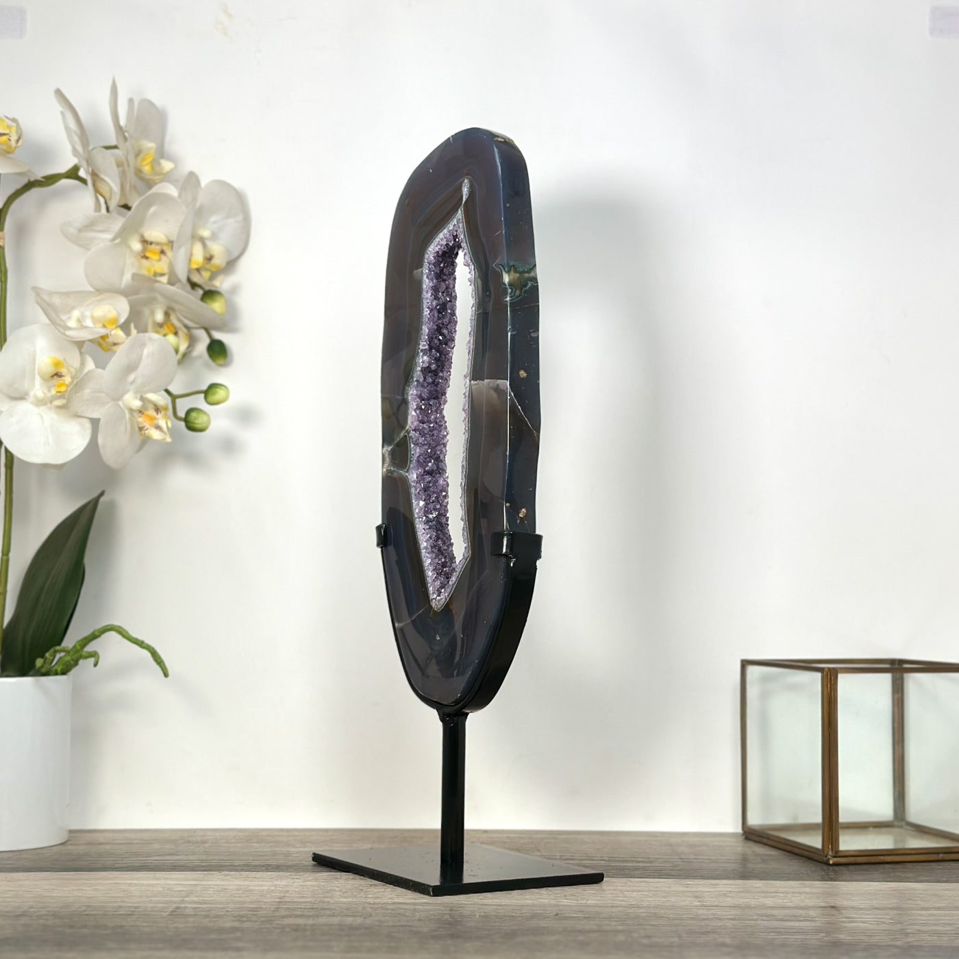 Agate Slice with Amethyst Crystals on Stand for Home Decor Display - MWS2674