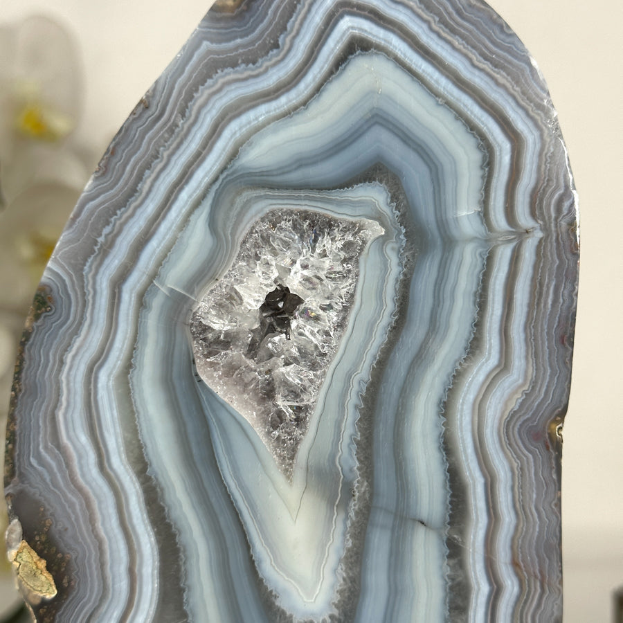 Blue Agate Polished Slice with Metal Stand – Uruguayan Gemstone for Shelf or Altar - MWS2010