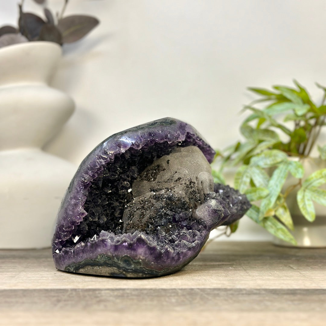 Natural Uruguayan Amethyst Geode with Calcite Formation Covered with Sugar Quartz Crystals - CBP1412