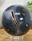 Blue Banded Agate Druzy Sphere Geode with Orange Tone Crystal Cavity - SPH0152