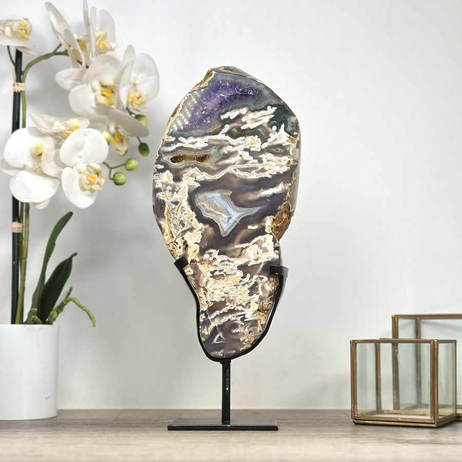 Unique Natural Combination of Blue Agate, Amethyst &amp; Jasper Crystal, Stand Inlcuded - MWS2330