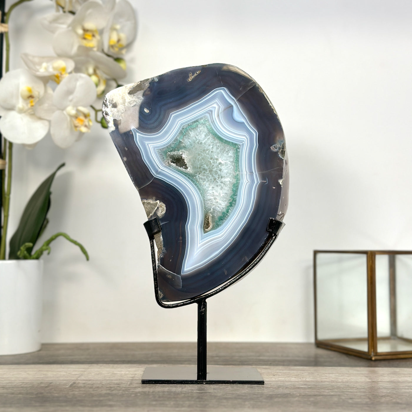 Agate Slice with Blue Bands and Crystalline Center for Home Decor Display - MWS2660