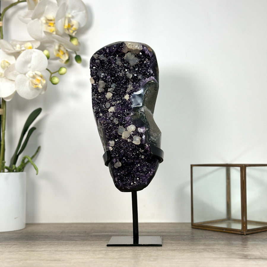 Natural Amethyst with Calcite Inclusions on Metal Stand - MWS2489