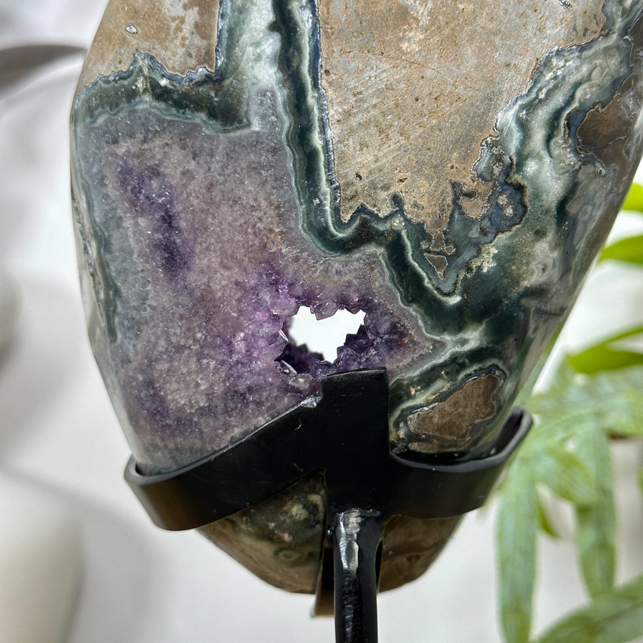 Amethyst &amp; Green Jasper Geode on Metal Stand - MWS3101