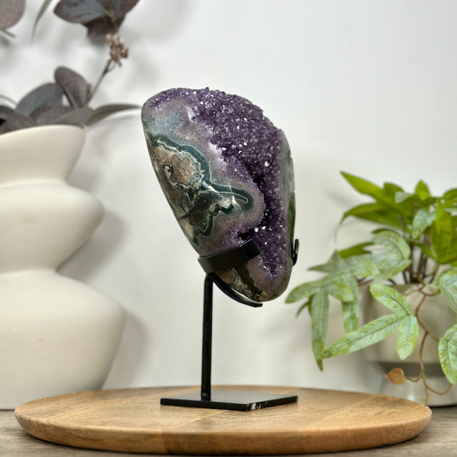 Amethyst &amp; Green Jasper Geode on Metal Stand - MWS3101