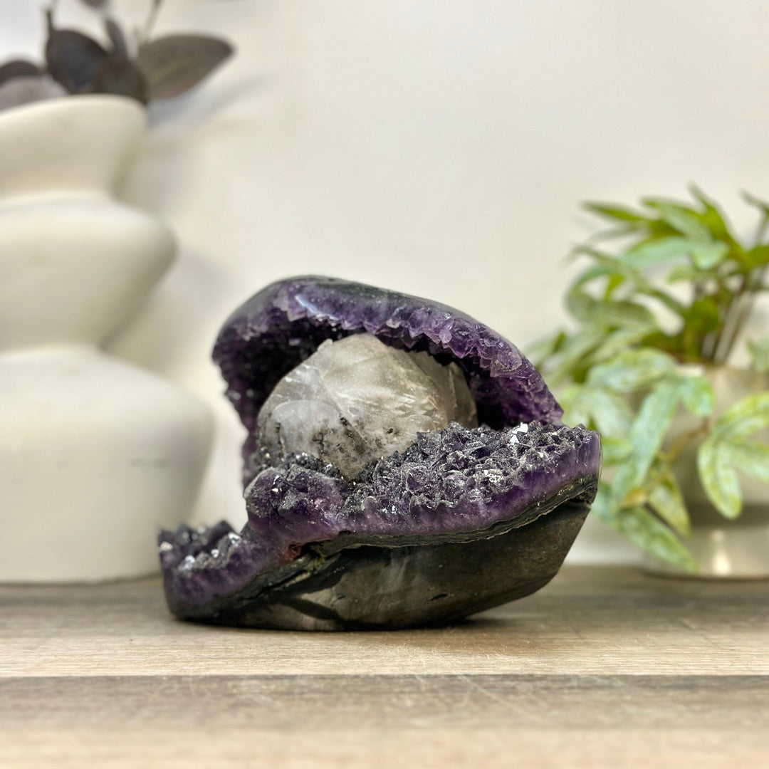 Natural Uruguayan Amethyst Geode with Calcite Formation Covered with Sugar Quartz Crystals - CBP1412