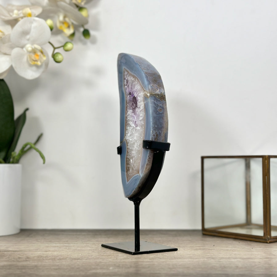 Blue Banded Agate Stone Slice on Metal Stand - MWS3002