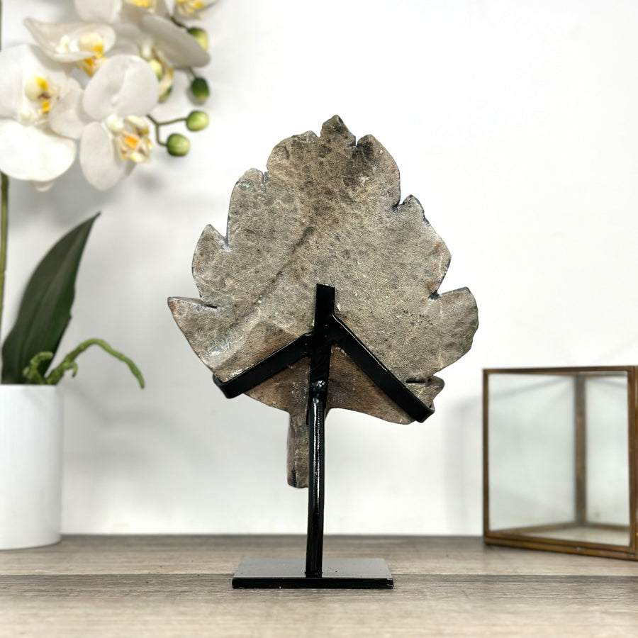 Agate Geode with Druzy Crystals and Deep Brown Hues Leaf Carving - MWS2809