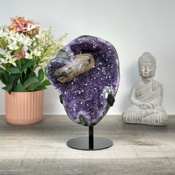 Beautiful Amethyst Stone with Big Calcite Formation, Stand Included - MWS0188