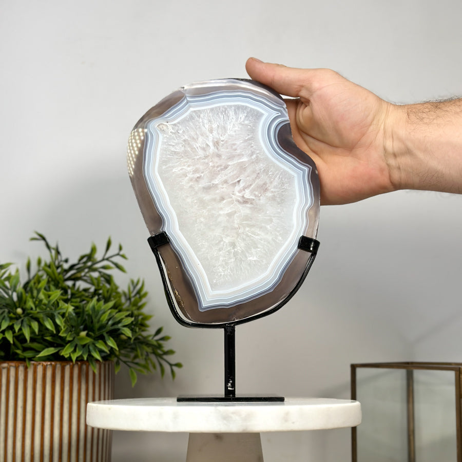 Beautiful Blue Banded Agate Slice with Metallic Stand - MWS2140