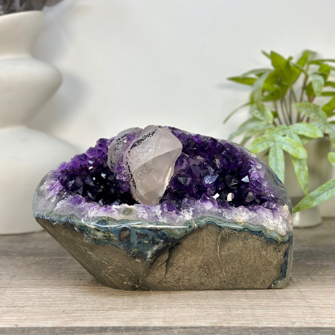 Deep Purple Amethyst Geode with Calcite Crystal - STGE0096