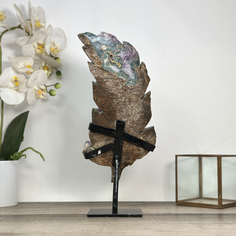 Amethyst Leaf Carving on Stand with Deep Purple Crystals - MWS2813