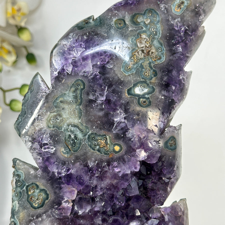 Amethyst Leaf Carving on Stand with Deep Purple Crystals - MWS2813