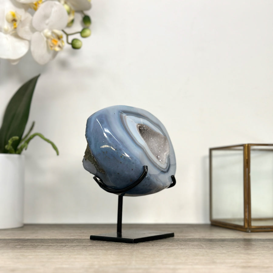 Agate Geode with Druzy Crystals on Metal Stand – Unique Natural Display Piece - MWS2863
