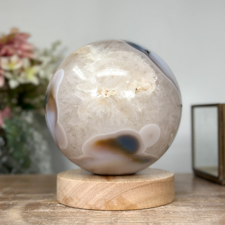 Natural Quartz &amp; Agate Sphere with Wooden Stand with built-in LED Light - SPH0143