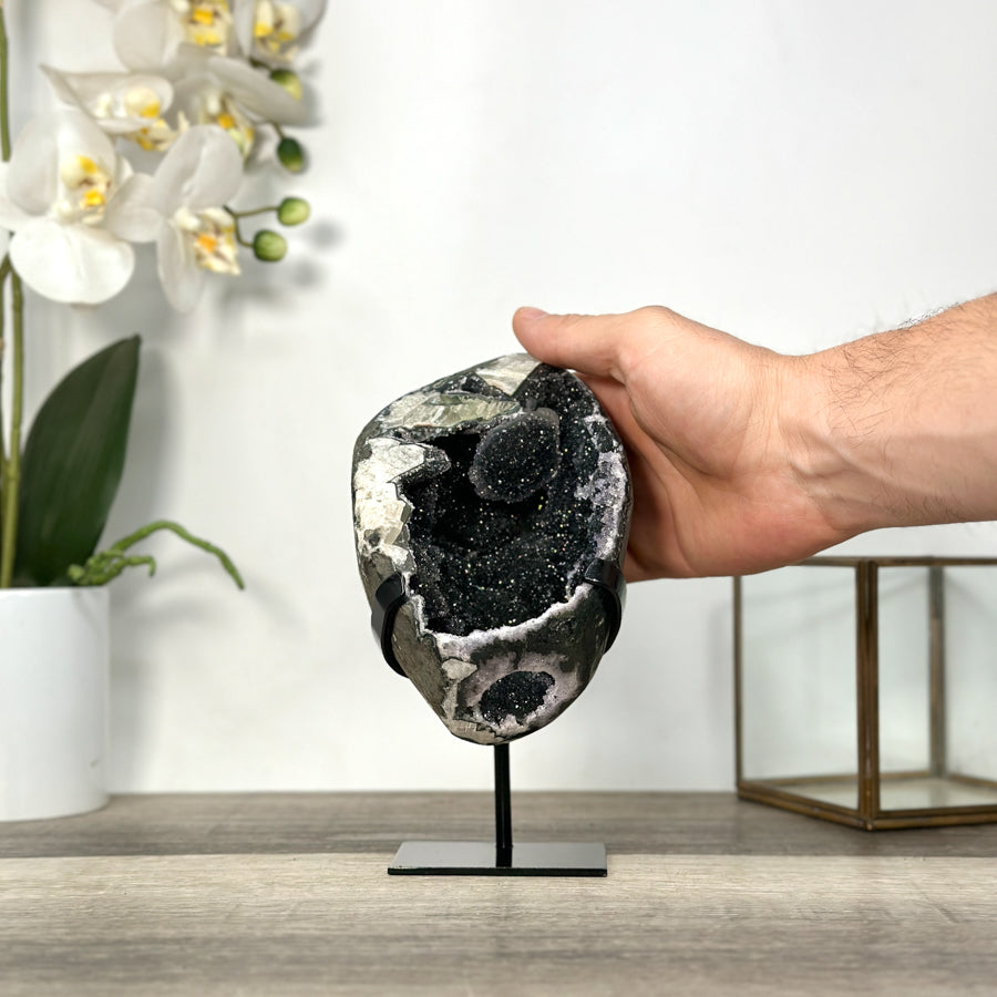 Black Quartz Druzy Geode on Metal Stand - MWS2725