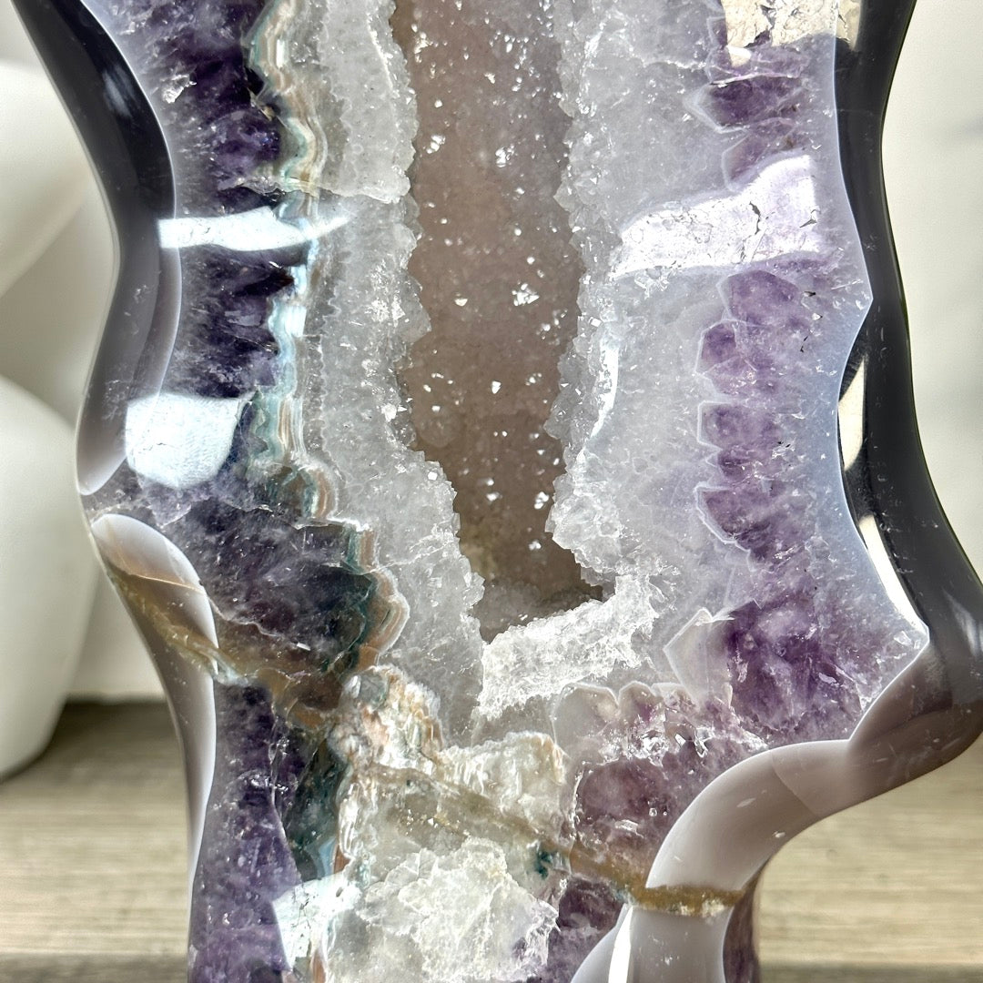 Uruguayan Blue Banded Agate with Quartz Crystals Statement Piece - CBP1402