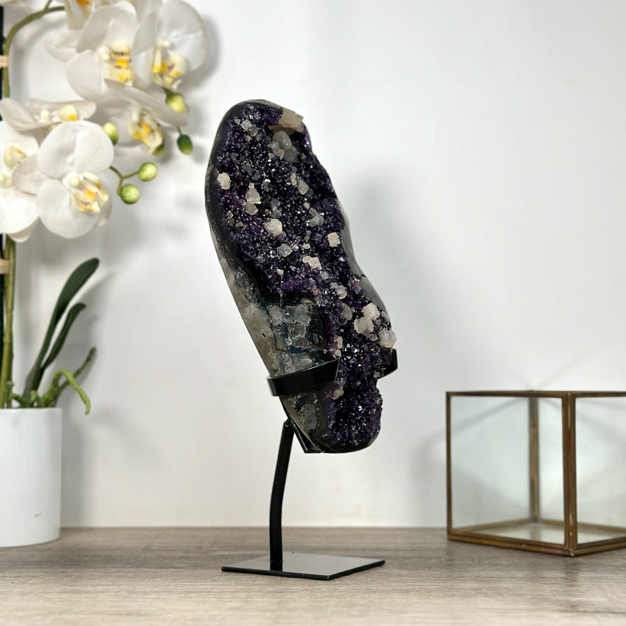 Natural Amethyst with Calcite Inclusions on Metal Stand - MWS2489