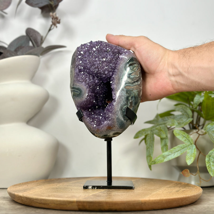 Amethyst &amp; Green Jasper Geode on Metal Stand - MWS3101