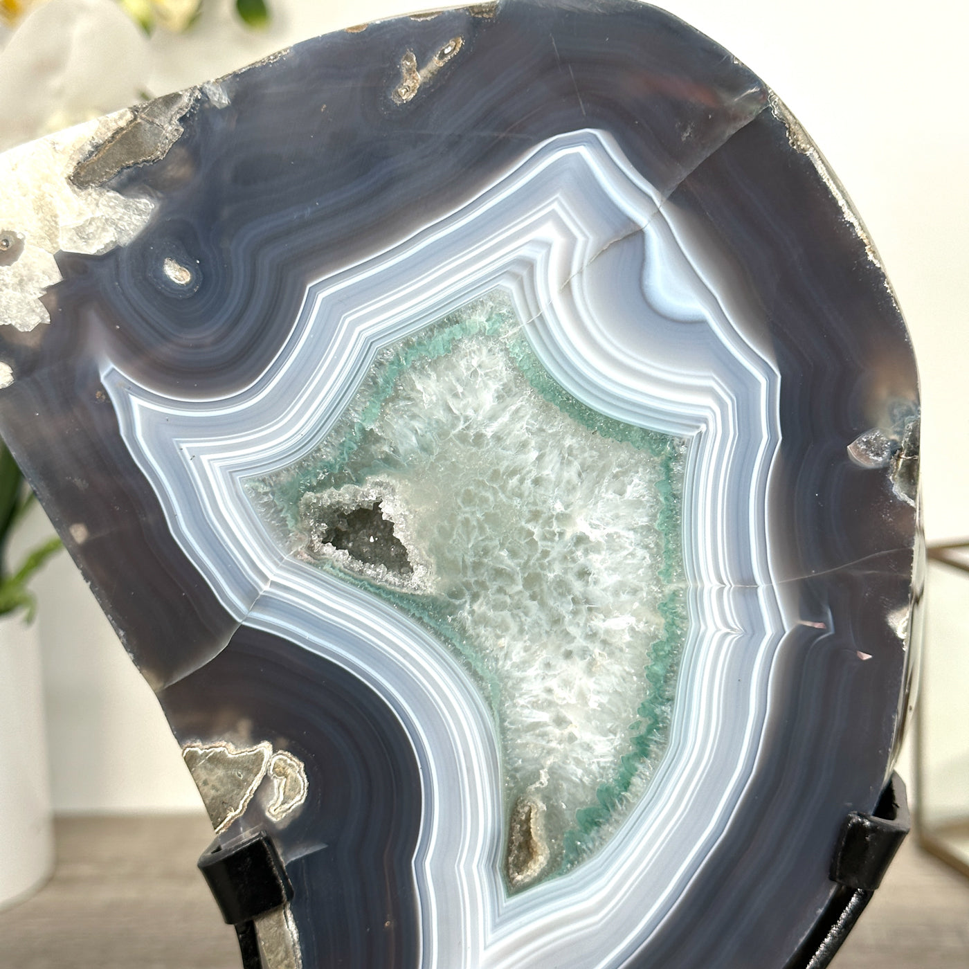 Agate Slice with Blue Bands and Crystalline Center for Home Decor Display - MWS2660