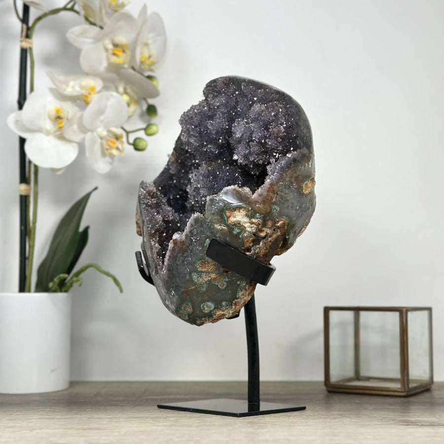 Natural Amethyst Druzy Crystal Geode, Metallic Stand Included - MWS2093