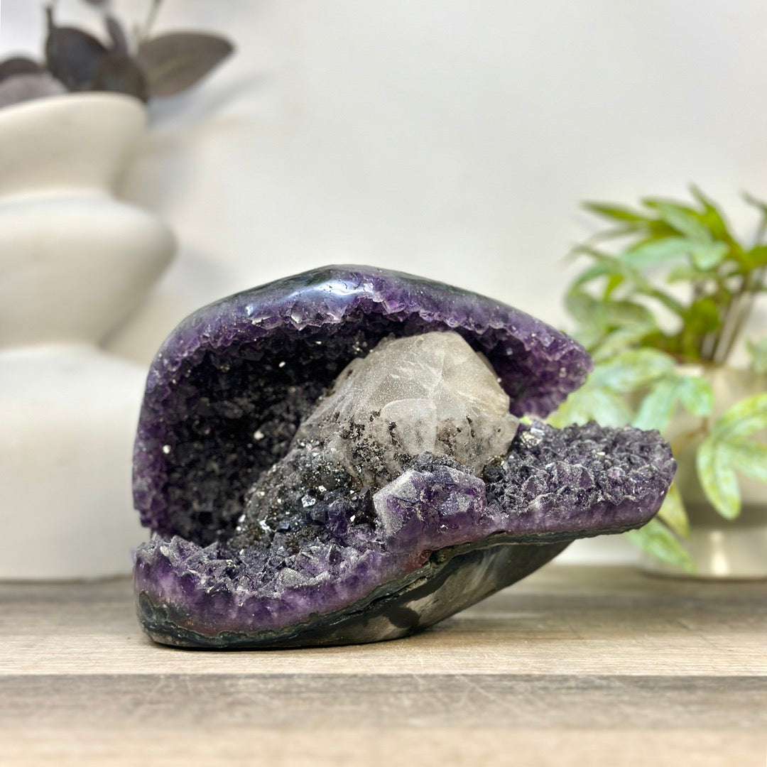 Natural Uruguayan Amethyst Geode with Calcite Formation Covered with Sugar Quartz Crystals - CBP1412