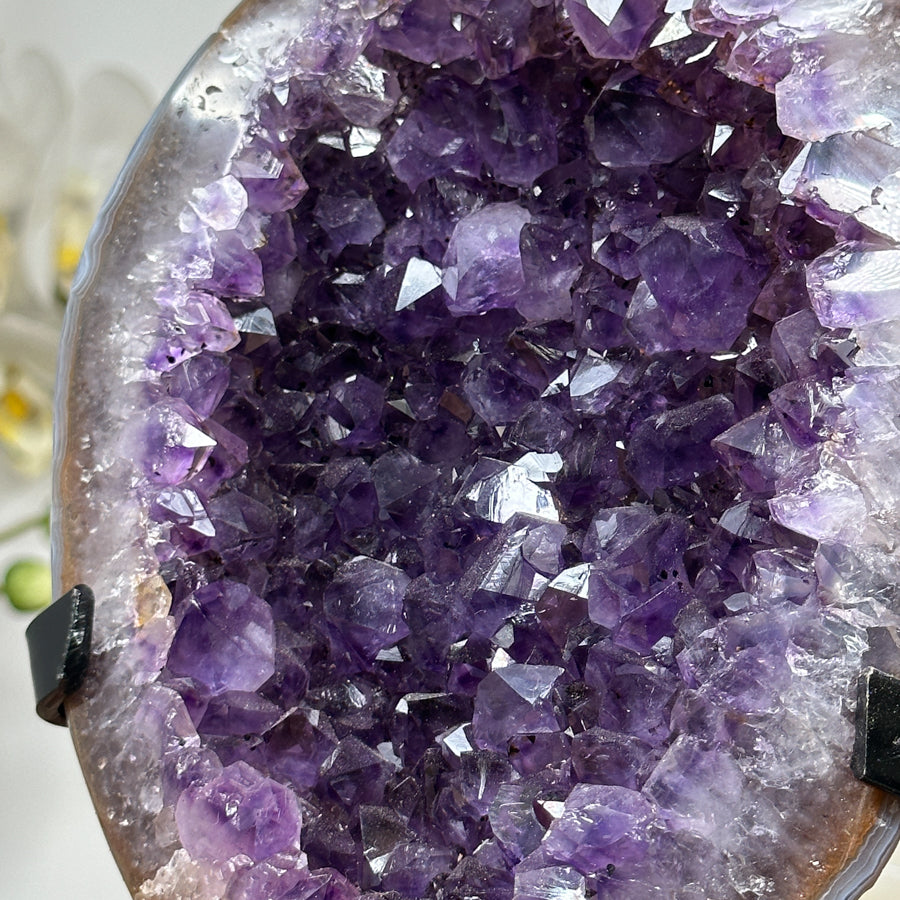 Stunning Natural Amethyst Geode with Deep Purple Crystals, Metallic Stand - Perfect for Meditation or Elegant Home Display - MWS1632